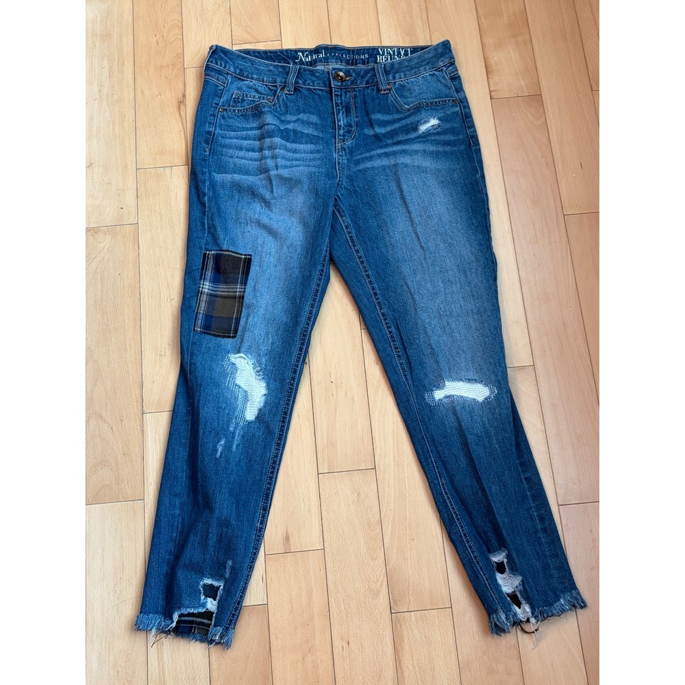 Natural Reflections Vintage Reunion Jeans Womens 8 Blue Distressed Plaid Patch
